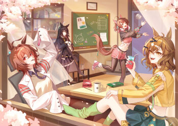 4girls absurdres agnes_tachyon_(tach-nology)_(umamusume) agnes_tachyon_(umamusume) ahoge animal_ears black_coat black_gloves black_hair black_leggings black_necktie black_pantyhose black_shirt black_shrug black_skirt blush book bookshelf bow braid breasts brown_eyes brown_hair chalkboard checkered_ribbon chemical_structure cloz_(kindness9710) coat coffee coffee_mug collared_shirt commentary_request cup dantsu_flame_(center_spotlight)_(umamusume) dantsu_flame_(umamusume) drink_carton ear_covers ear_ornament ear_ribbon ear_tag earrings food food_in_mouth gloves green_socks hair_between_eyes hair_ornament hairclip half_up_braid half_up_half_down_braid highres holding holding_cup holding_juice_box holding_test_tube horse_ears horse_girl horse_tail jacket jam_(umamusume) jewelry juice_box jungle_pocket_(champion's_battle_cry)_(umamusume) jungle_pocket_(umamusume) lab_coat large_breasts leggings leggings_under_shorts long_bangs long_hair long_hair_between_eyes long_sleeves manhattan_cafe_(creeping_shadow)_(umamusume) manhattan_cafe_(umamusume) medium_breasts medium_hair midriff mug multicolored_hair multiple_girls navel necktie open_clothes open_mouth pantyhose pink_shorts pocky pocky_in_mouth red_eyes shirt short_necktie shorts shrug_(clothing) single_earring single_loose_sock skirt sleeves_past_fingers sleeves_past_wrists small_breasts smile socks sweater sweater_vest tail teeth test_tube tied_shirt umamusume umamusume:_beginning_of_a_new_era upper_teeth_only white_coat white_hair yellow_eyes yellow_jacket yellow_necktie yellow_sweater yellow_sweater_vest