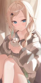 1girl absurdres aizawa_ema aizawa_ema_(4th_costume) backlighting blonde_hair blue_eyes braid cat_hair_ornament commentary_request cup drawstring food gradient_hair hair_flaps hair_ornament hairpin highres holding holding_cup hood hoodie knees_up long_sleeves marshmallow mug multicolored_hair pom_pom_(clothes) pom_pom_hair_ornament ronununn sideways_glance sitting smile solo striped_clothes striped_hoodie twin_braids virtual_youtuber vspo!