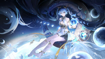 1girl absurdres ancient_greek_clothes armlet baofandxy bare_shoulders barefoot black_skirt blue_eyes blue_hair breasts cleavage closed_mouth gold_bra greco-roman_clothes hand_up highres iuno_(wuthering_waves) jewelry laurel_crown leg_wrap logo looking_at_viewer medium_breasts missing_commentary multicolored_hair orb showgirl_skirt skirt solo space streaked_hair twintails wuthering_waves