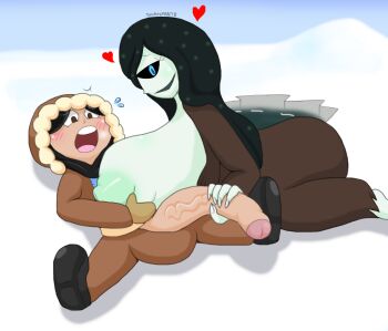 1futa 1girl age_difference ass black_hair black_sclera blue_eyes breast_press breasts brown_eyes clothed_sex colored_sclera colored_skin futa_with_female futanari grabbing_another's_breast green_skin groping heart huge_ass huge_breasts huge_penis huge_testicles loli looking_at_penis looking_at_viewer lying nipples open_mouth original penis penis_grab size_difference smile testicles touhoufan veins veiny_penis