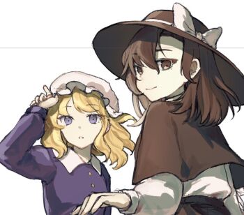 2girls black_capelet black_hat black_shirt blonde_hair bow brown_eyes brown_hair buttons capelet collared_dress commentary_request dress hand_in_own_hair hat hat_bow ika_(ikachan_334) long_sleeves looking_at_viewer looking_back maribel_hearn medium_hair mob_cap multiple_girls parted_lips purple_dress purple_eyes shirt shirt_tucked_in smile touhou upper_body usami_renko white_background white_bow white_hat white_shirt