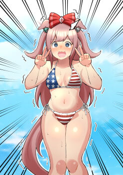 1girl absurdres agnes_digital_(umamusume) american_flag american_flag_bikini american_flag_print animal_ears aramori_susumu bikini blue_eyes blue_sky bow breasts cloud commentary_request double_v emphasis_lines feet_out_of_frame flag_print flag_print_bikini hair_bow highres horse_ears horse_girl horse_tail knees_together_feet_apart long_hair pink_hair print_bikini side-tie_bikini_bottom sky small_breasts solo swimsuit tail umamusume v wavy_mouth