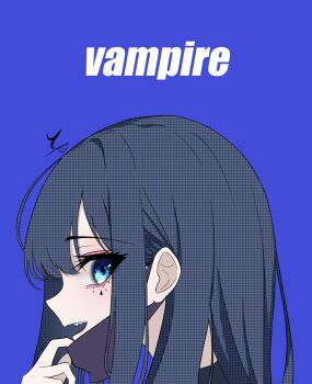 1girl ado_(utaite) black_mask blue_background blue_eyes blue_hair chando_(ado) collarbone commentary_request facial_mark fangs heart heart_facial_mark highres long_hair looking_at_viewer looking_to_the_side mask mask_pull mouth_mask open_mouth screentones simple_background solo song_name teardrop_facial_mark teeth upper_teeth_only vampire_(vocaloid) yuuxmm_v