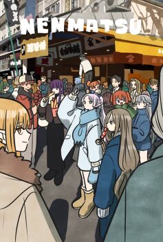 Rule 34 | 6+boys, 6+girls, black hair, black skirt, blonde hair, blue coat, blue hair, blue scarf, blunt bangs, boots, braid, brown boots, brown hair, closed mouth, coat, contemporary, denken (sousou no frieren), double bun, earrings, eating, ehre (sousou no frieren), elf, facial hair, fern (sousou no frieren), food, frieren, full body, fur-trimmed coat, fur trim, genau (sousou no frieren), green coat, green hair, grey coat, grey hair, hair between eyes, hair bun, hair slicked back, hat, highres, hime cut, holding, holding food, jewelry, kanne (sousou no frieren), land (sousou no frieren), laufen (sousou no frieren), lawine (sousou no frieren), long hair, long skirt, methode (sousou no frieren), multiple boys, multiple girls, open mouth, parted bangs, pointy ears, purple hair, red hair, richter (sousou no frieren), scarf, scharf (sousou no frieren), sein (sousou no frieren), sense (sousou no frieren), serie (sousou no frieren), short hair, side braid, side ponytail, skirt, smile, sousou no frieren, stark (sousou no frieren), stubble, takeuchi ryousuke, twintails, ubel (sousou no frieren), undercut, v, winter clothes, wirbel (sousou no frieren)