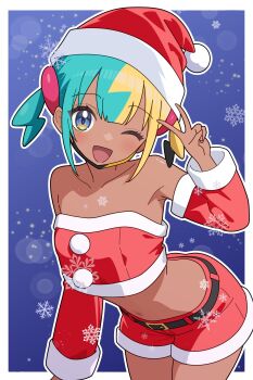 1girl ;d alternate_costume aqua_hair bare_shoulders belt belt_buckle black_belt black_hair blonde_hair blue_eyes border buckle canari_(pokemon) commentary_request crop_top dark-skinned_female dark_skin detached_sleeves hat highres long_sleeves midriff multicolored_hair nintendo odorukaminoke one_eye_closed open_mouth outline outside_border pokemon pokemon_legends:_z-a red_hat red_shorts santa_hat short_hair shorts smile snowflakes solo twintails v white_border white_outline