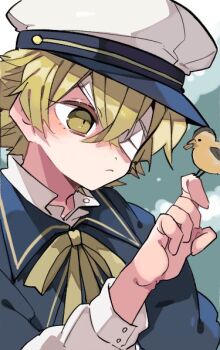 Rule 34 | 1boy, bird, bird on hand, blonde hair, blue shirt, closed mouth, collared shirt, commentary request, double-parted bangs, eyepatch, green background, hair between eyes, kagamine len, kaho 0102, long sleeves, male focus, neck ribbon, ribbon, shirt, short hair, solo, upper body, vocaloid, yellow eyes, yellow ribbon