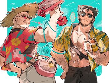 2boys ass beard body_hair brown_hair deadpool deadpool_&amp;_wolverine deadpool_(series) facial_hair floral_print_shirt hat highres large_pectorals male_focus marvel momoi_housuke multiple_boys muscular muscular_male pectorals short_hair straw_hat wolverine_(x-men) x-men