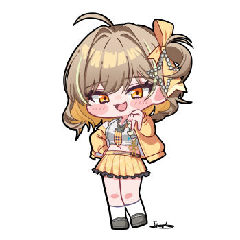 1girl ahoge anis_(nikke) anis_(star)_(t.t._star)_(nikke) black_shoes blonde_hair blush_stickers breasts brown_hair chibi crop_top full_body goddess_of_victory:_nikke hair_ribbon idol_clothes inesia jacket looking_at_viewer medium_breasts midriff multicolored_hair navel necktie open_mouth pleated_skirt ribbon shoes short_hair simple_background skirt smile socks solo standing two-tone_hair white_background white_socks yellow_eyes yellow_jacket yellow_ribbon yellow_skirt