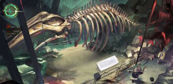 2girls absurdres akefumi aqua_hair baseball_bat black_boots black_choker black_dress blonde_hair boots choker coat coat_on_shoulders commentary_request dinosaur_skeleton dress fossil full_body highres holding holding_baseball_bat long_hair multiple_girls one-piece_swimsuit original purple_eyes short_hair standing swimsuit translation_request very_wide_shot white_boots white_one-piece_swimsuit yellow_coat