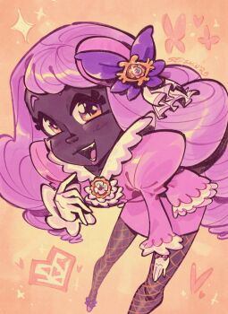 1girl ascot bug butterfly dark-skinned_female dark_skin dress fascinator fishnet_pantyhose fishnets frilled_ascot frills gloves hair_ornament heart highres insect jacinthe_(pokemon) juliet_sleeves long_hair long_sleeves looking_at_viewer low_drills mega_stone nintendo open_mouth pantyhose pokemon pokemon_legends:_z-a puffy_sleeves purple_dress purple_eyes purple_hair seiishin smile solo star_(symbol) teeth very_dark_skin white_gloves