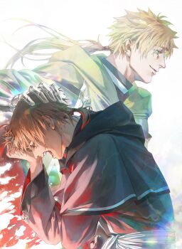 Rule 34 | 2boys, amputee, artist request, cloak, closed eyes, closed mouth, commentary request, crying, from side, gauntlets, green cloak, green eyes, hand on another's head, hand on own face, light brown hair, long hair, low ponytail, multiple boys, mushoku tensei, open mouth, paul greyrat, ponytail, robe, rudeus greyrat, smile, tears, upper body, white background