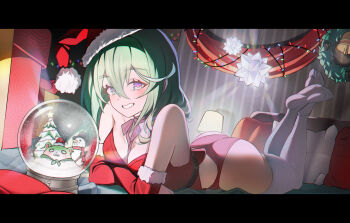 Rule 34 | 1girl, absurdres, ass, bed, breasts, chico (yuzuha riko), christmas, christmas lights, christmas wreath, cleavage, commentary, commentary request, curtains, double-parted bangs, elbow gloves, english commentary, film grain, foreshortening, full body, fur-trimmed gloves, fur trim, gloves, green eyes, green hair, grin, hair between eyes, hat, highres, indoors, kooring, large breasts, leotard, letterboxed, long bangs, long hair, looking at viewer, lying, mixed-language commentary, multicolored eyes, multicolored hair, neck ribbon, no shoes, on bed, on stomach, purple eyes, red gloves, red leotard, red ribbon, ribbon, santa hat, smile, snow globe, solo, stellive, strapless, strapless leotard, streaked hair, thighhighs, two-tone eyes, virtual youtuber, white thighhighs, wreath, yuzuha riko