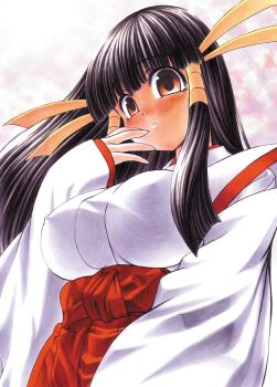 1girl aq_interactive arcana_heart atlus black_hair breasts brown_eyes examu female_focus hakama hakama_skirt highres japanese_clothes kasuga_maori large_breasts long_hair looking_at_viewer miko parted_lips popo_(turbanist) red_hakama shirt skirt solo taut_clothes taut_shirt traditional_media