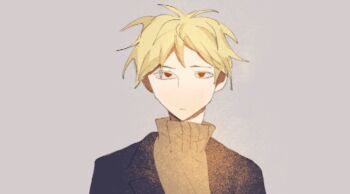 1boy animated animated_gif atou_haruki beiquqian black_background black_jacket blinking blonde_hair brown_sweater chinese_commentary closed_mouth commentary_request expressionless grey_background jacket lapels looking_at_viewer male_focus multicolored_hair notched_lapels open_clothes open_jacket pink_hair portrait red_eyes saibou_shinkyoku smile solo spoilers squinting sweater turtleneck turtleneck_sweater two-tone_hair