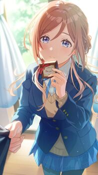 blazer blue_eyes box brown_hair buttons gakuen_idolmaster game_cg gift gift_box himesaki_rinami holding idolmaster jacket neck_ribbon official_art pantyhose pulling_another's_clothes ribbon shirt skirt sweater white_shirt wooden_floor