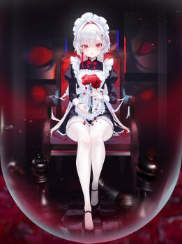 1girl ahoge apron bow chair checkered_floor chess_piece chessboard dress flower frilled_dress frills high_heels highres lina_114 long_hair looking_at_viewer maid maid_apron maid_headdress multiple_girls original pantyhose parted_lips petals red_eyes red_hair rose short_dress sidelocks sitting solo teeth thighs vase white_hair