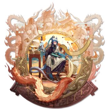 Rule 34 | 1girl, absurdres, architecture, arknights, armor, bamboo slips, bead necklace, beads, black gloves, black robe, black thighhighs, blue hair, blue horns, blue skin, blue tail, board game, book, book stack, boots, bracelet, braid, braided ponytail, brown boots, chair, check clothing, chinese armor, chinese clothes, closed mouth, clothing request, coin, colored shoe soles, colored skin, crossed legs, doctor (arknights), dragon, dragon girl, dragon horns, dragon print, dragon tail, earrings, east asian architecture, eastern dragon, eastern dragon horns, eastern dragon tail, eyeliner, full body, gloves, go (board game), guanjin, hand fan, hand on own face, hanfu, high ponytail, highres, holding, holding fan, holed coin, horns, jewelry, lantern, light smile, ling (a gallant dream) (arknights), ling (arknights), long hair, looking down, makeup, mountain, multicolored hair, multiple bracelets, multiple views, necklace, official alternate costume, official art, on chair, paper lantern, partially fingerless gloves, pauldrons, pointy ears, ponytail, purple eyes, qinghua (porcelain), reading, red eyeliner, river, robe, sheath, sheathed, shoulder armor, single bare shoulder, single pauldron, sitting, solo, streaked hair, sword, tachi-e, tail, tassel, tassel earrings, thighhighs, third-party source, transparent background, two-tone hair, two-tone robe, waistband, weapon, white hair, white robe, wide sleeves, wooden chair, xiayehongming, zhijupao