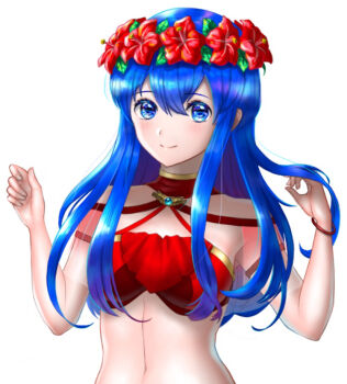 1girl bikini bikini_top_only blue_eyes blue_hair bracelet breasts closed_mouth female_focus fire_emblem fire_emblem:_the_binding_blade flower hair_between_eyes hair_flower hair_ornament head_wreath hibiscus jewelry lilina_(fire_emblem) lilina_(summer)_(fire_emblem) long_hair looking_at_viewer medium_breasts navel nintendo red_bikini red_flower simple_background smile solo swimsuit uni_(uni9248) upper_body white_background