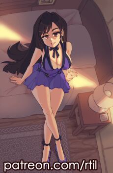 1girl arm_support bare_legs bed black_hair breasts brown_hair crescent crescent_earrings crossed_legs dress earrings final_fantasy final_fantasy_vii final_fantasy_vii_remake from_above highres jewelry lamp large_breasts looking_up official_alternate_costume on_bed pillow purple_dress rtil short_dress smile solo tifa_lockhart tifa_lockhart_(refined_dress) variant_set