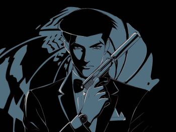 1boy blue_theme bow bowtie closed_mouth cosplay gun handgun highres holding holding_gun holding_weapon jacket james_bond james_bond_(cosplay) james_bond_(series) long_sleeves looking_at_viewer male_focus megadeus_mommy monochrome roger_smith short_hair solo the_big_o walther walther_ppk watch weapon wristwatch