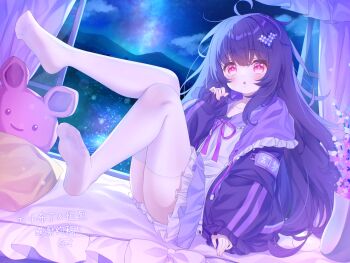 1girl :o ahoge animal-shaped_pillow arm_at_side artist_name ass bed_sheet blue_hair blue_ribbon blue_sailor_collar blush chinese_commentary cloud commentary_request commission commissioner_name curled_fingers dot_nose drawstring dress dutch_angle feet flat_chest frilled_dress frilled_jacket frilled_sailor_collar frills from_side full_body hair_ornament hand_up heart heart_hair_ornament highres hood hood_down hooded_jacket indoors jacket knees_up legs legs_up light_particles long_hair long_sidelocks looking_at_viewer making-of_available mountainous_horizon neck_ribbon night no_shoes open_clothes open_jacket open_window original oversized_jacket parted_lips pillow pink_eyes pink_pupils plant ribbon sailor_collar sailor_dress short_dress sidelocks signature sitting sleeves_past_wrists soles solo sparkling_eyes star_(sky) thank_you thighhighs unkempt variant_set vase very_long_hair white_dress white_thighhighs window yottacc zettai_ryouiki