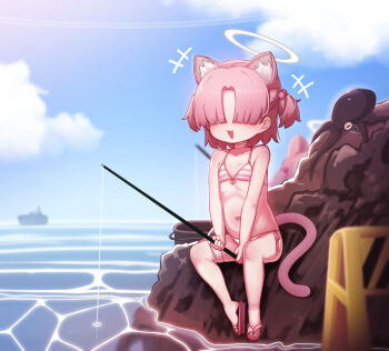 +++ 1girl absurdres animal_ears bikini blue_archive bow bow_choker cat_ears cat_girl cat_tail chlorella_observation_club_member_(blue_archive) chlorella_observation_club_member_(swimsuit)_(blue_archive) choker commentary fishing fishing_rod flat_chest hair_bobbles hair_ornament hair_over_eyes halo highres holding holding_fishing_rod loli mochikushi navel outdoors pink_bikini pink_bow pink_hair sandals short_hair side-tie_bikini_bottom sitting solo striped_bikini striped_clothes swimsuit tail toes two_side_up white_choker white_halo