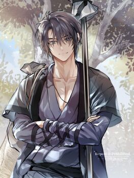 1boy akatsuki_no_yona akehata_hikari black_hair blue_eyes closed_mouth commentary_request crossed_arms hair_over_one_eye hak_(akatsuki_no_yona) looking_at_viewer male_focus outdoors short_hair smile solo twitter_username upper_body