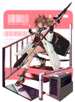 1girl absurdres angelina_(arknights) animal_ears arknights bag black_bag black_collar black_gloves black_shirt black_shoes black_shorts black_socks blurry blurry_background breasts brown_hair coat collar commentary_request condenser_unit dolphin_shorts earpiece extra_ears finger_heart floating_hair fox_ears fox_girl fox_tail full_body gloves guard_rail hairband highres holding holding_staff industrial_pipe infection_monitor_(arknights) jacket kneehighs large_bag long_hair long_sleeves looking_at_viewer medium_breasts messenger_bag multicolored_hairband open_clothes open_coat open_jacket orange_eyes red_hairband red_jacket shirt shoes shorts shoulder_bag smile sneakers socks solo staff stairs striped_clothes striped_hairband tail twintails two-tone_hairband unzipped wagirioni white_coat