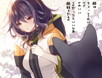 1girl cat closed_mouth gina_(gnosia) gnosia hair_between_eyes heterochromia hood hoodie long_sleeves looking_at_viewer medium_hair purple_hair rocomani simple_background sitting smile solo translation_request upper_body wavy_hair