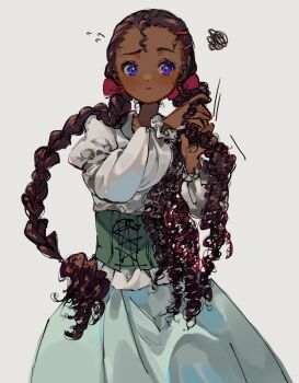 Rule 34 | 1girl, blue eyes, bow, braid, braiding hair, brown hair, commentary, corset, curly hair, dark-skinned female, dark skin, dress, flying sweatdrops, hair bow, hairdressing, heterochromia, highres, long hair, long sleeves, looking to the side, nachoz (nachozart), original, purple eyes, solo, squiggle, sweat, untranslatable commentary, very long hair