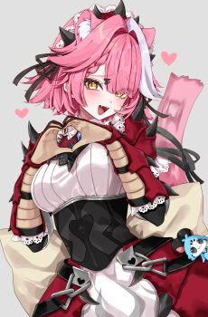 1girl :d absurdres animal_ears armor armored_dress ascot black_ascot black_corset braid braided_bangs breasts brooch chattino_(raora_panthera) commentary_request corset dress fangs grey_background hair_intakes hair_ornament hairband hairclip heart heart_hands highres hololive hololive_english jewelry large_breasts looking_at_viewer mogu_(au1127) official_alternate_costume official_alternate_hairstyle open_mouth panther_ears panther_girl panther_tail pauldrons pink_hair raora_panthera raora_panthera_(rathalos) short_hair shoulder_armor simple_background slit_pupils smile solo spiked_hairband spikes tail teeth upper_teeth_only virtual_youtuber white_dress white_streaks yellow_eyes