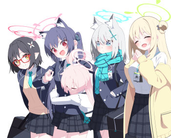 Rule 34 | 5girls, ayane (blue archive), blue archive, dress shirt, glasses, hoshino (blue archive), kanzi, multiple girls, nonomi (blue archive), school uniform, serika (blue archive), shiroko (blue archive), shirt, simple background, skirt, twitter, white background, white hair