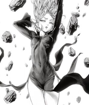 1girl arm_behind_head arms_up black_dress breasts covered_navel curly_hair dress eyelashes floating floating_clothes floating_hair long_sleeves looking_down murata_yuusuke official_art one-punch_man pelvic_curtain rock skin_tight small_breasts solo tatsumaki telekinesis thighs