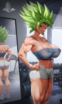 1girl absurdres ass blue_eyes breasts cleavage dragon_ball dragon_ball_super dumbbell earrings elite_nappa female_focus from_behind full_body green_hair hands_on_own_hips highres huge_breasts jewelry kale_(dragon_ball) legendary_super_saiyan looking_at_viewer medium_breasts mirror muscular muscular_female solo spiked_hair super_saiyan sweat thick_thighs thighs