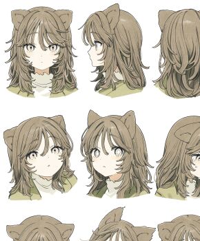 +_+ 1girl :c absurdres animal_ears blush brown_eyes brown_hair cat_ears cat_girl closed_mouth cropped_shoulders dot_nose green_jacket hair_between_eyes highres jacket long_hair looking_at_viewer multiple_expressions multiple_views open_clothes open_jacket open_mouth original profile shirt simple_background straight-on takaya_riku turtleneck turtleneck_shirt white_background white_shirt wispy_bangs