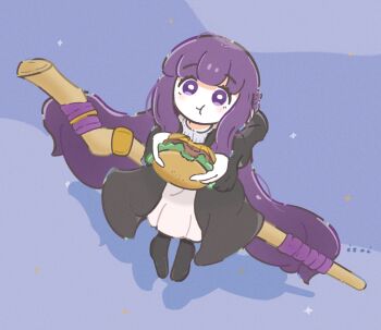 Rule 34 | 1girl, black coat, burger, coat, eating, fern (sousou no frieren), food, highres, itoi (itoitoy), long hair, looking at viewer, mage staff, purple eyes, purple hair, purple pupils, shadow, sitting, sousou no frieren, staff