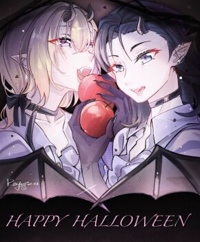2girls apple bang_dream! bang_dream!_it&#039;s_mygo!!!!! bat_wings black_choker black_hair black_nails blonde_hair blue_eyes chinese_commentary choker collared_shirt colored_extremities commentary_request dated dress_shirt ear_piercing fangs food fruit happy_halloween highres horns medium_hair misumi_uika multiple_girls nail_polish open_mouth piercing pointy_ears purple_eyes shirt signature teeth white_shirt wings yahata_umiri yoyoray20001996