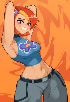 1girl absurdres armpits arms_behind_head arms_up breasts butterfly_(planetronika) cleavage cleavage_cutout clothing_cutout curvy female_focus highres looking_at_viewer medium_breasts midriff navel orange_hair planetronika roughjamart short_hair solo wide_hips