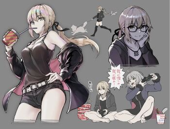 2girls absurdres ahoge artoria_pendragon_(fate) belt black_camisole black_dress black_jacket black_ribbon black_shorts blonde_hair blue_coat breasts camisole cavall_ii_(fate) coat controller cross cross_necklace dog dress drinking fate/grand_order fate_(series) fou_(fate) fur-trimmed_coat fur-trimmed_jacket fur-trimmed_sleeves fur_trim game_controller glasses grey_hair hair_ribbon hands_on_own_hips highres holding holding_controller holding_game_controller jacket jeanne_d'arc_alter_(avenger)_(fate) jeanne_d'arc_alter_(fate) jeanne_d'arc_alter_(ver._shinjuku_1999)_(fate) jewelry large_breasts long_hair looking_at_viewer low_ponytail medium_breasts multiple_girls multiple_views necklace official_alternate_costume playing_games ponytail ribbon saber_alter saber_alter_(ver._shinjuku_1999) samoyed_(dog) short_dress short_hair shorts suishougensou white_belt yellow_eyes zipper_dress