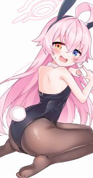 1girl absurdres ahoge animal_ear_hairband animal_ears ass black_hairband black_leotard black_pantyhose blue_archive blue_eyes blush breasts collar detached_collar fake_animal_ears fake_tail fang hair_between_eyes hairband halo heterochromia highres hoshino_(blue_archive) huge_ahoge leotard loli long_hair looking_at_viewer mimikkyu_(mimikyunosub) no_shoes pantyhose pink_halo playboy_bunny rabbit_ear_hairband rabbit_ears rabbit_tail sideboob simple_background smile soles solo tail thighs tongue very_long_hair white_background white_collar yellow_eyes