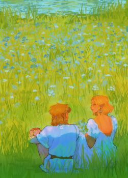 Rule 34 | 1boy, 1girl, blonde hair, blue dress, blue flower, blue tunic, dress, earrings, flower, grey pants, hair tie, highres, hugging own legs, jewelry, link, looking at another, nintendo, outdoors, pants, parted bangs, pointy ears, ponytail, princess zelda, puffy short sleeves, puffy sleeves, shellshookedtwt, short ponytail, short sleeves, sidelocks, sitting, the legend of zelda, the legend of zelda: breath of the wild, the legend of zelda: tears of the kingdom, tunic, water