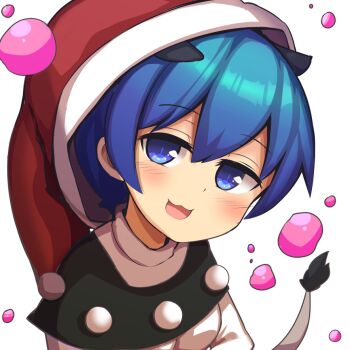 1girl animal_ears blob blue_eyes blue_hair capelet commentary doremy_sweet female_focus hat legacy_of_lunatic_kingdom looking_at_viewer nightcap open_mouth saisoku_no_yukkuri simple_background smile solo tail touhou white_background