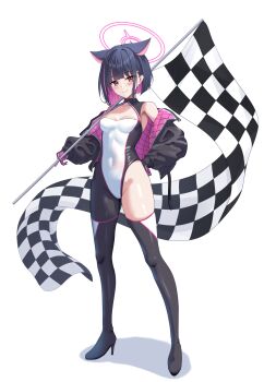 1girl animal_ears asymmetrical_bodysuit asymmetrical_footwear black_hair blue_archive blush boots breasts cat_ears cat_girl checkered_flag colored_inner_animal_ears colored_inner_hair extra_ears flag halo hibika high_heel_boots high_heels highres kazusa_(blue_archive) looking_at_viewer medium_breasts multicolored_hair pink_hair pink_halo race_queen red_eyes short_hair single_leg_bodysuit single_thigh_boot single_thighhigh solo thigh_boots thighhighs two-tone_hair