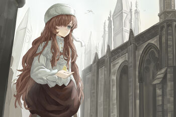 1girl absurdres bbl bird bird_on_hand blue_eyes clock clock_tower european_architecture hair_over_one_eye hand_up hat highres long_hair long_sleeves miniskirt one_eye_covered outdoors red_hair red_skirt reverse:1999 shirt skirt sky solo tower upper_body ushanka very_long_hair white_hair white_shirt white_sky yenisei_(reverse:1999)