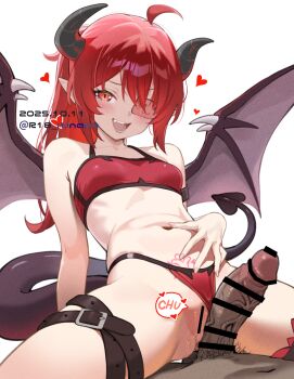 1boy 1girl adav_(vadaboob) ahoge armpit_crease bar_censor belt black_horns black_tail borrowed_character bra breasts brown_wings censored clothing_aside commentary_request commission dark-skinned_male dark_skin demon_girl demon_horns demon_tail demon_wings erection eyepatch fang film_grain girl_on_top hand_on_own_stomach head_out_of_frame hetero highres horns interracial itinana long_hair looking_at_viewer male_pubic_hair navel one_eye_covered open_mouth original panties panties_aside penis pointy_ears ponytail pubic_hair pubic_tattoo pussy_juice red_bra red_eyes red_hair red_panties skeb_commission small_breasts smile spiked_wings stomach tail tattoo thigh_belt thigh_strap underwear underwear_only veins veiny_penis wings