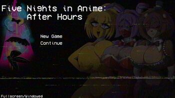 3girls animal_ears black_background black_bow black_bowtie black_panties black_skirt black_thighhighs blonde_hair body_freckles bonnie_(fnaf) bow bowtie breast_freckles breasts brown_hair chica cleavage closed_eyes colored_skin commentary completely_nude covering_breasts covering_privates crop_top elbow_gloves english_commentary english_text five_nights_at_freddy's five_nights_in_anime:_after_hours_(fangame) five_nights_in_anime_(fangame) freckles_on_breasts freddy_fazbear frills furry furry_female game_screenshot gloves hands_on_own_chest hat highres huge_breasts large_breasts leotard midriff mini_hat mini_top_hat multiple_girls navel non-web_source nude open_mouth panties pink_eyes playboy_bunny ponytail purple_hair red_bow red_bowtie red_gloves red_leotard screencap shiny_skin short_hair short_shorts shorts simple_background skirt smile static strapless strapless_leotard thighhighs thong title tongue top_hat underwear unzipped video_game white_gloves