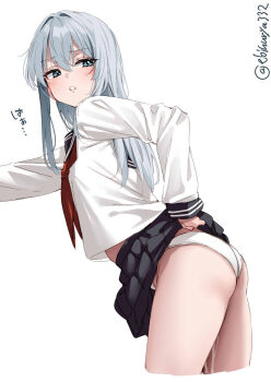 1girl artist_name ass bent_over black_skirt blue_eyes blush clothes_lift commentary_request cum cum_on_body cum_on_legs cumdrip cumdrip_through_panties ebifurya from_side grey_hair hair_between_eyes hashtag-only_commentary hibiki_(kancolle) highres kantai_collection long_hair long_sleeves neckerchief one-hour_drawing_challenge panties red_neckerchief shirt simple_background skirt skirt_lift solo suggestive_fluid thighs twitter_username underwear wedgie white_background white_panties white_shirt