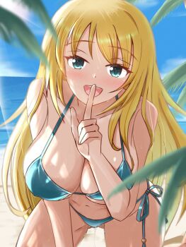 Rule 34 | 1girl, atago (kancolle), beach, bikini, bikini day, blonde hair, blue bikini, blue sky, blush, breasts, cloud, cloudy sky, day, green eyes, highres, kantai collection, large breasts, long hair, looking at viewer, ocean, open mouth, outdoors, sawatani (chevalier 04056), sky, smile, solo, swimsuit, water