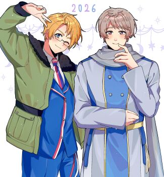 2026 2boys absurdres ahoge america_(hetalia) arm_up axis_powers_hetalia belt black-framed_eyewear blonde_hair blue_eyes blue_jacket blue_pants blue_tabard blush buttons closed_mouth coat collared_shirt commentary_request cowboy_shot crescent formal_clothes fur-trimmed_jacket fur_trim glasses green_jacket grey_coat grey_hair grey_scarf hand_up highres jacket lapels long_sleeves looking_at_viewer male_focus multiple_boys official_alternate_costume one_eye_closed open_clothes open_jacket pants pocket puffy_long_sleeves puffy_sleeves purple_eyes russia_(hetalia) russian_flag_print scarf semi-rimless_eyewear senzodaidai shirt short_hair smile standing star_(symbol) star_symbol_background suit suit_jacket tabard v white_background white_shirt yellow_belt