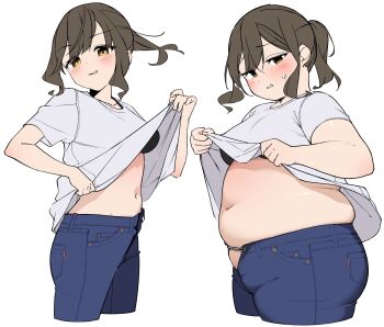 1girl blue_pants blush brown_eyes brown_hair clothes_lift commentary_request cowboy_shot cropped_legs denim dot_nose fat grey_shirt head_tilt highres jeans looking_at_viewer muffin_top multiple_views navel original paid_reward_available pants parted_lips photo-referenced shiori_(plzcallmeshiori) shirt shirt_lift short_sleeves sidelocks sweatdrop thick_arms thick_thighs thighs weight_gain